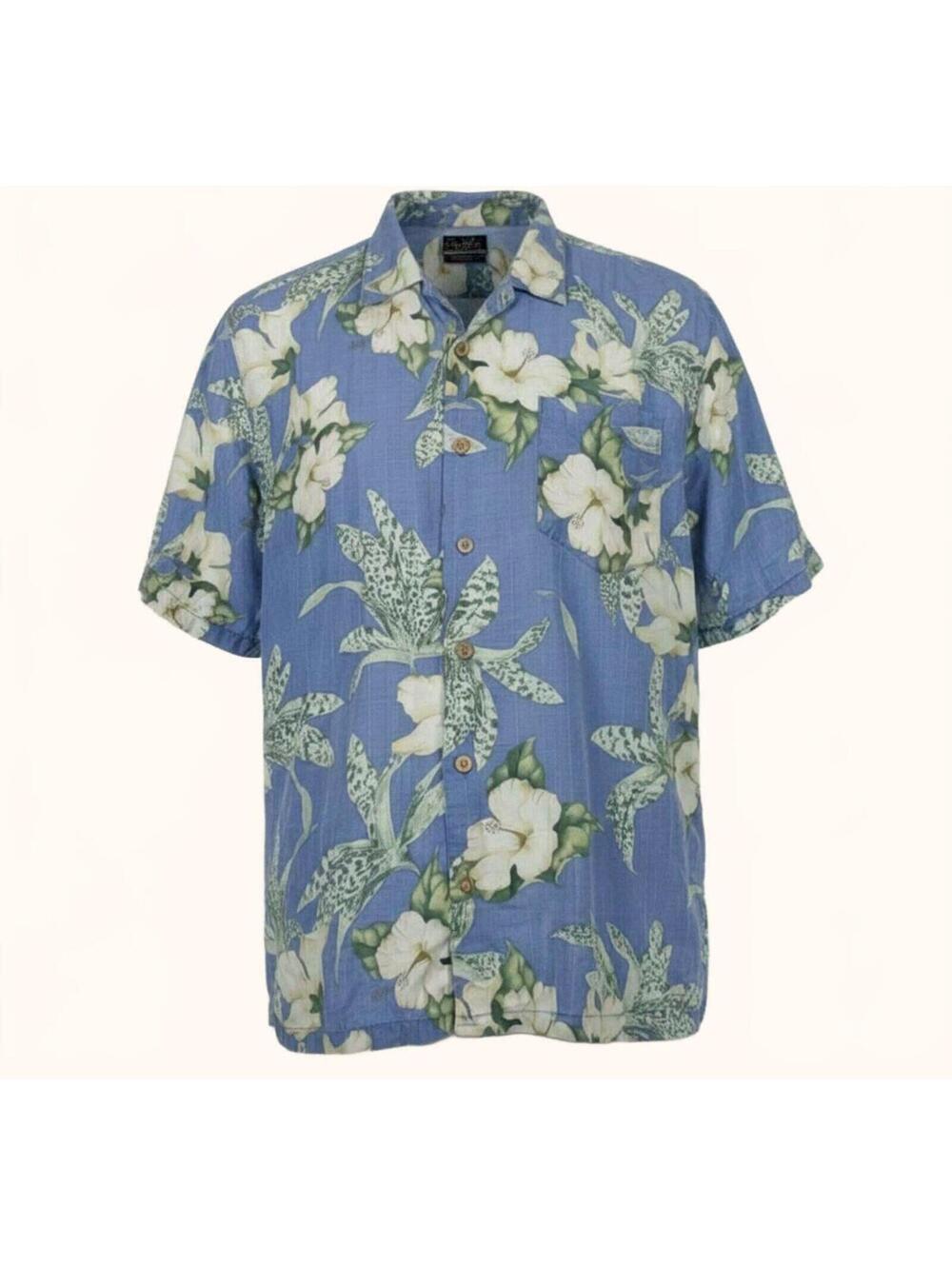 Bermuda Bay 100% Silk Men's Hawaiian Shirt Blue Floral Tiki Aloha Lounge 2XL